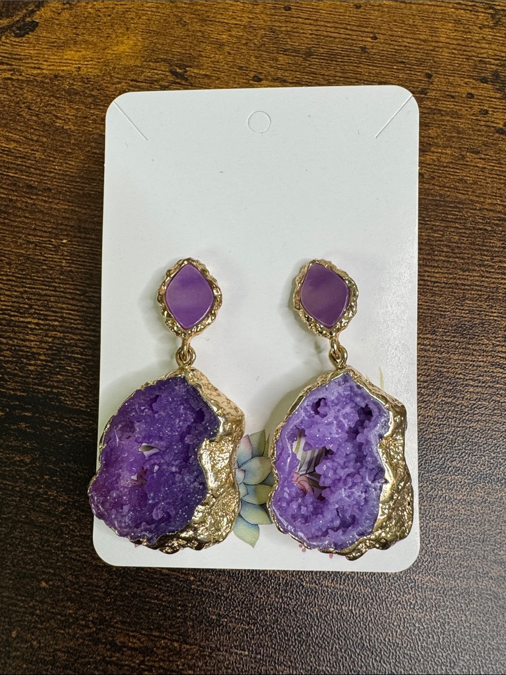 Purple Faux Geode Drop Resin Earrings with Gold Trim